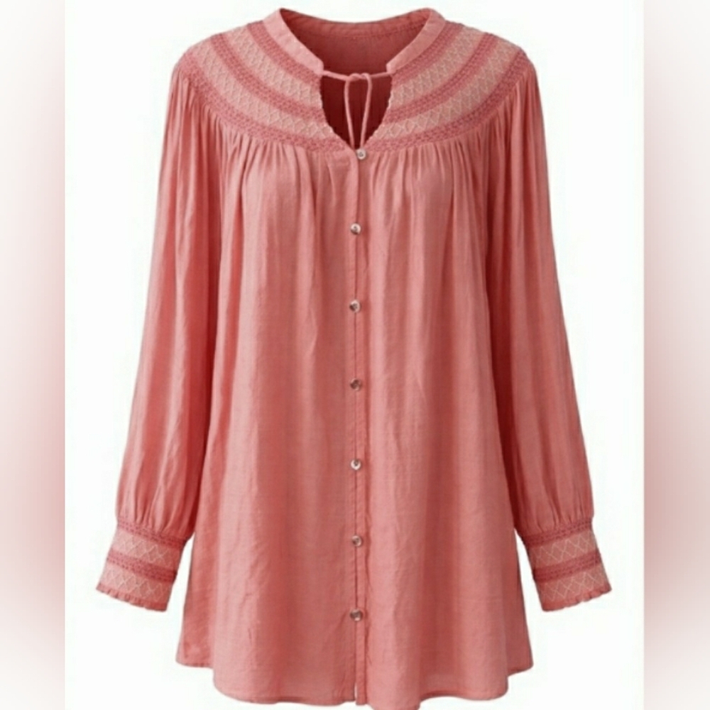 Boho 3XL Cottage Prairie Coral Smocked Embroidered Flowy Soft Stretch Top New